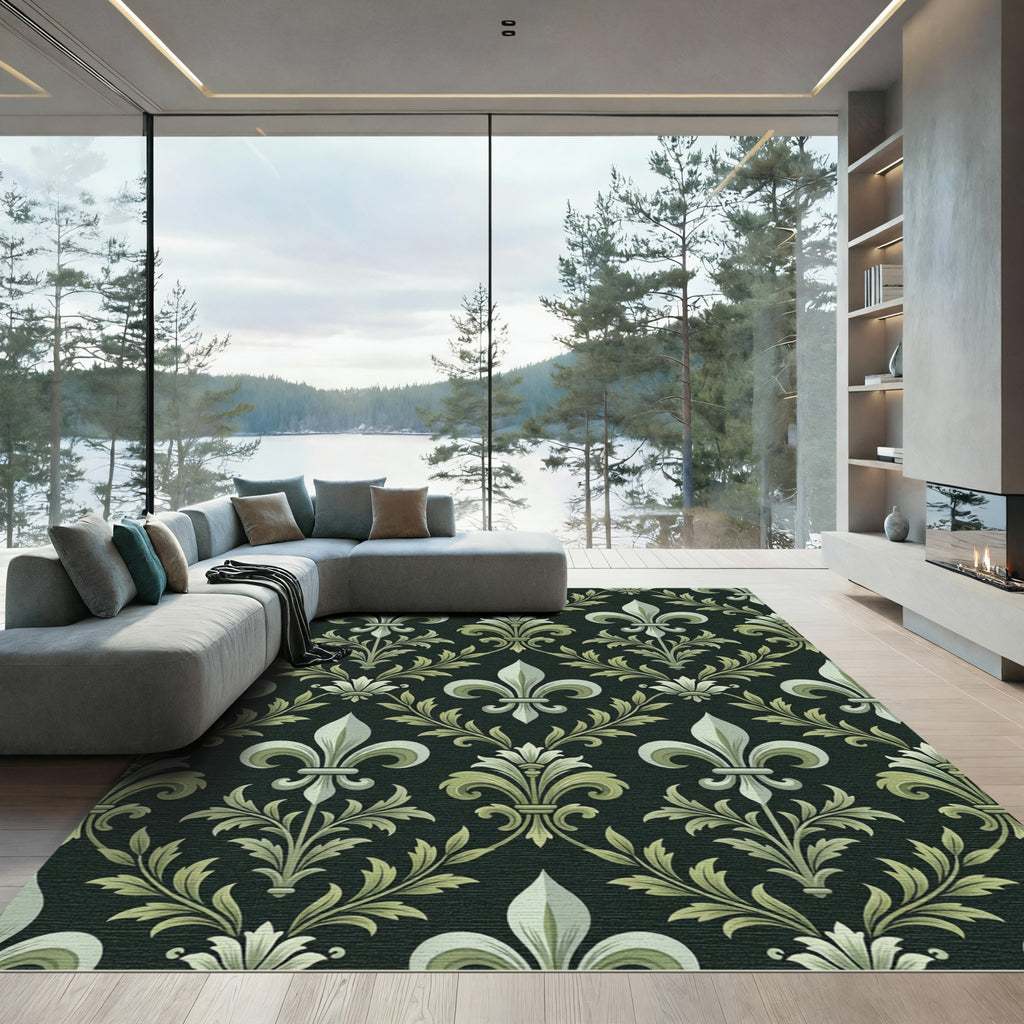 Ornate Black Green Fleur De Lis Rug