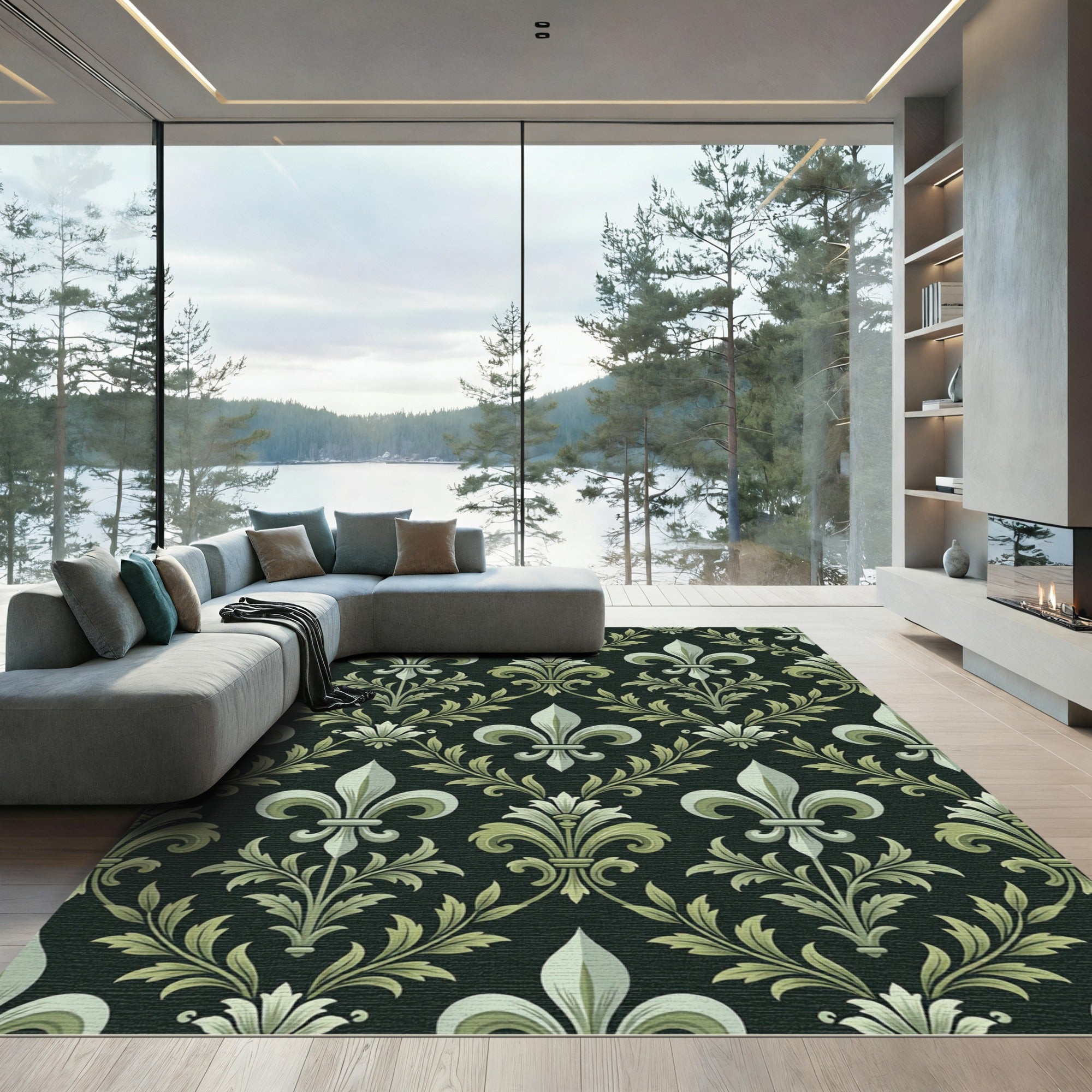 Ornate Black Green Fleur De Lis Rug