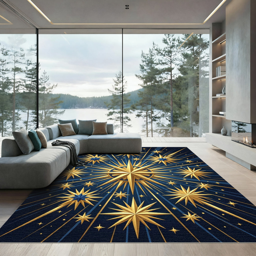 Golden Celestial Starburst Navy Rug
