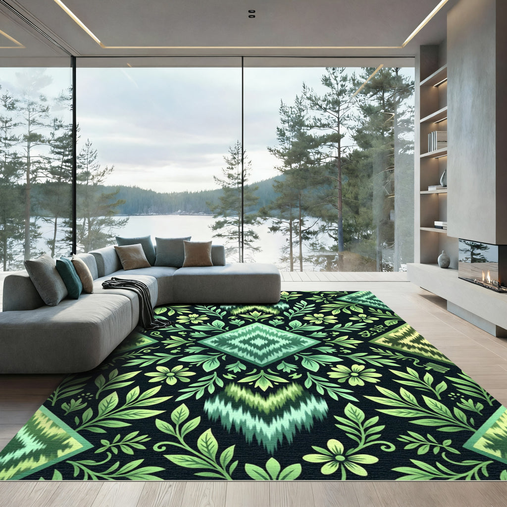 Green Floral Zigzag Ikat Rug