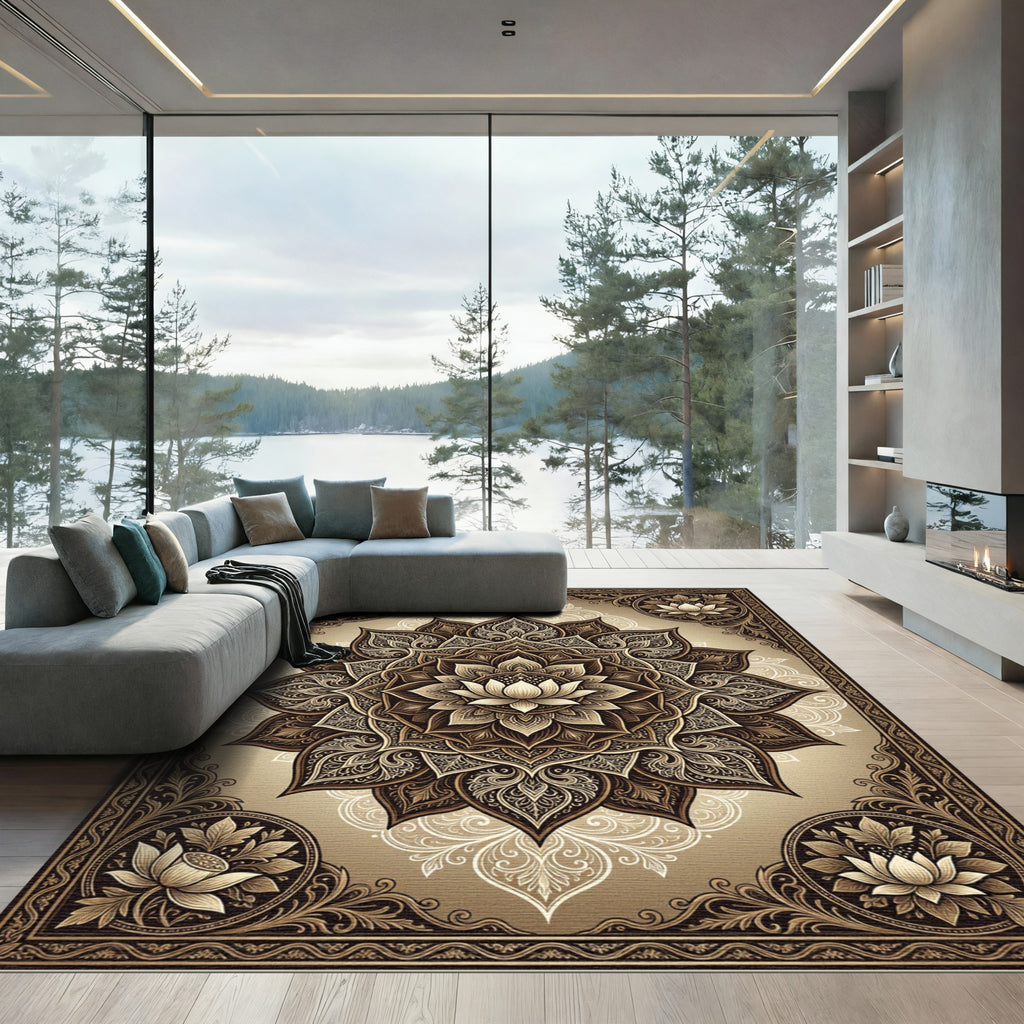 Earthy Bronze Ornate Lotus Medallion Rug