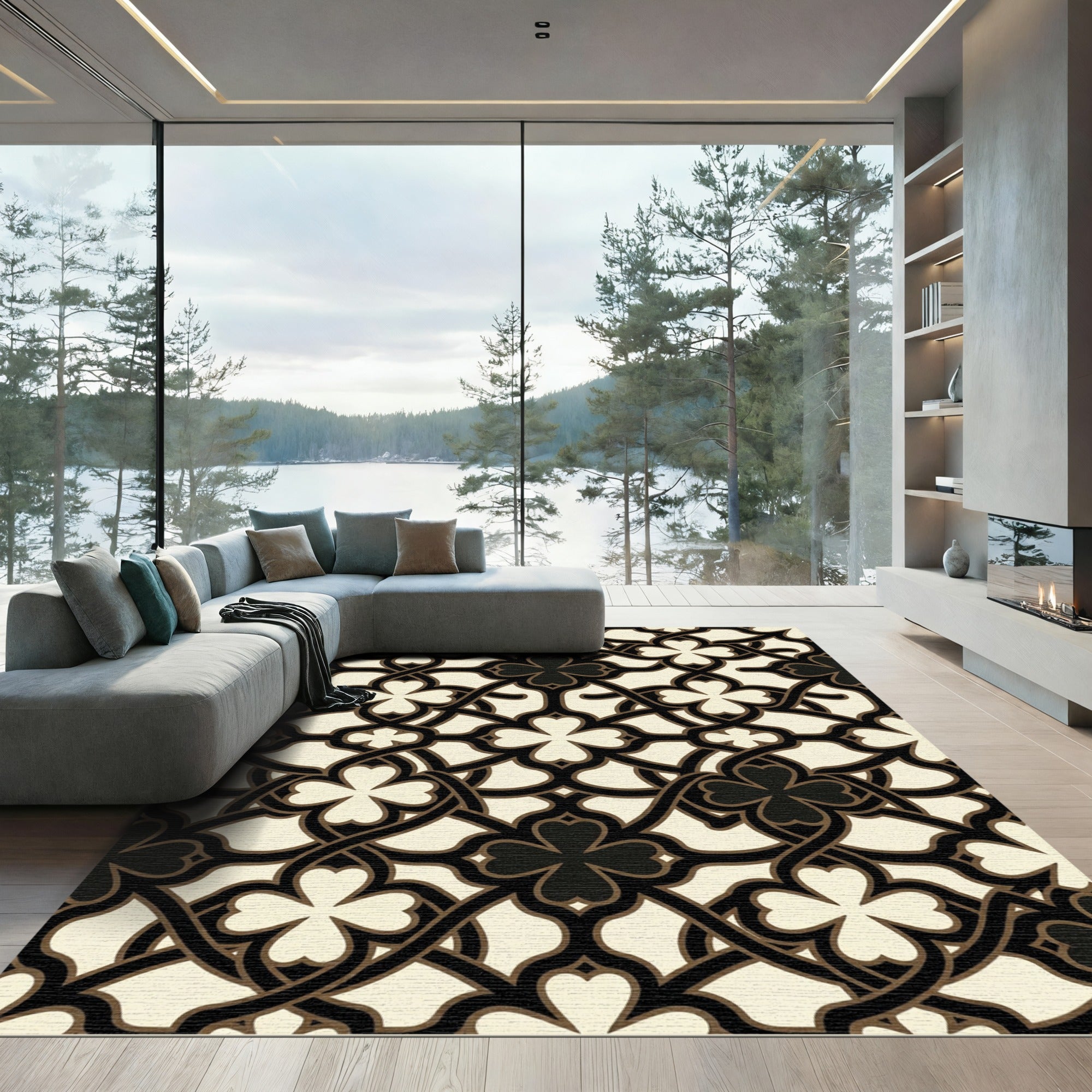Cream and Black Clover Lattice Rug
