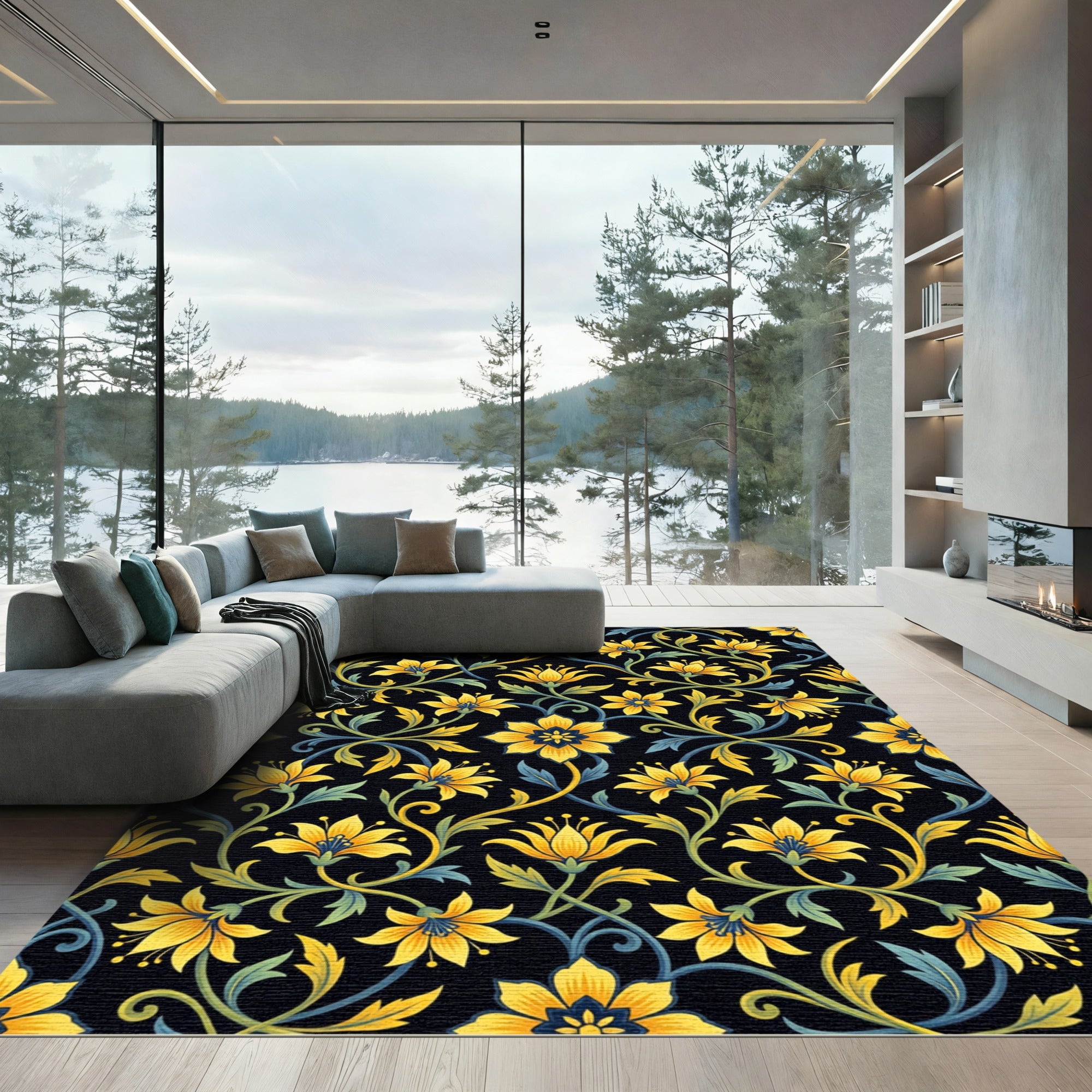 Elegant Gold Floral Vine Black Rug