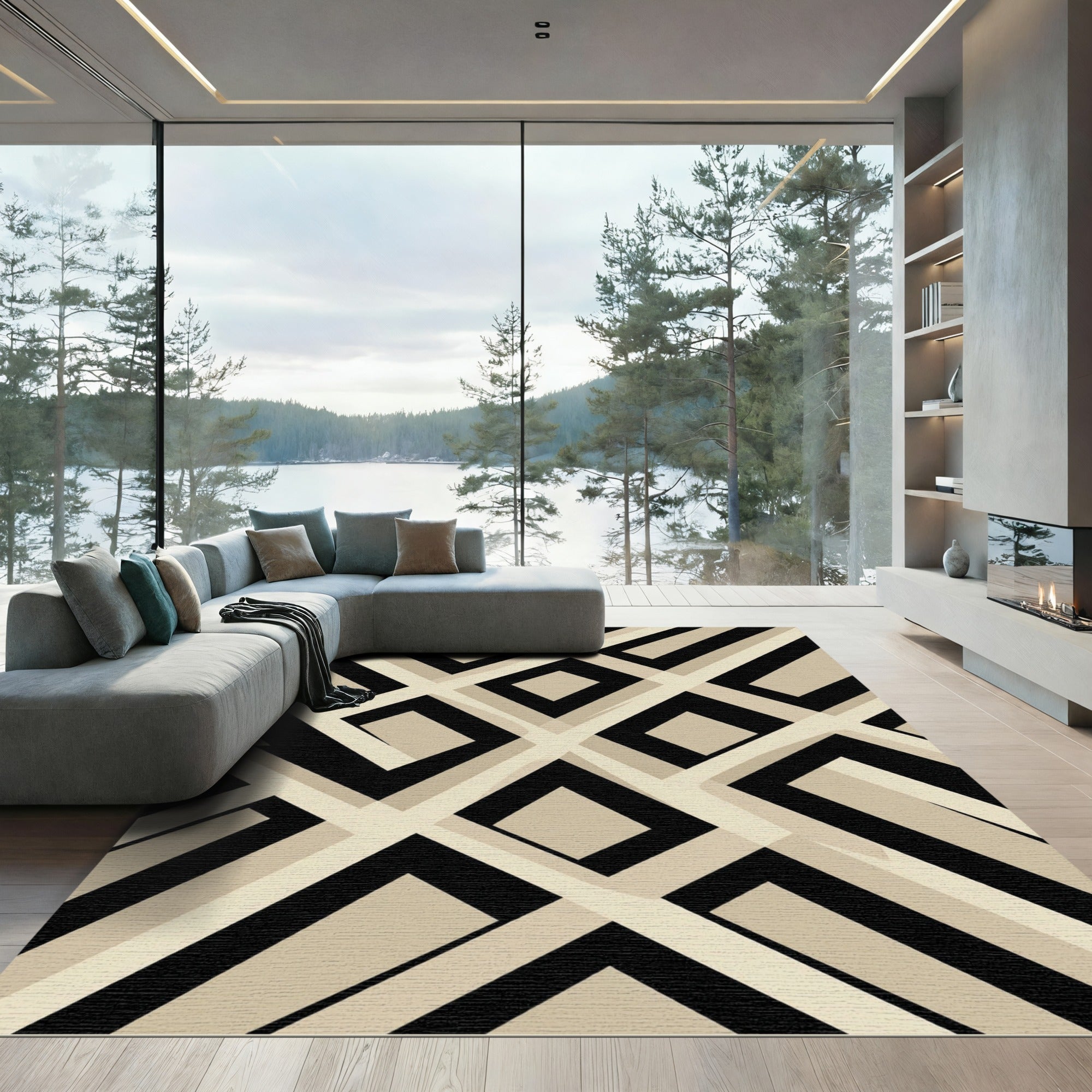 Neutral Geometric Interlocking Lines Rug
