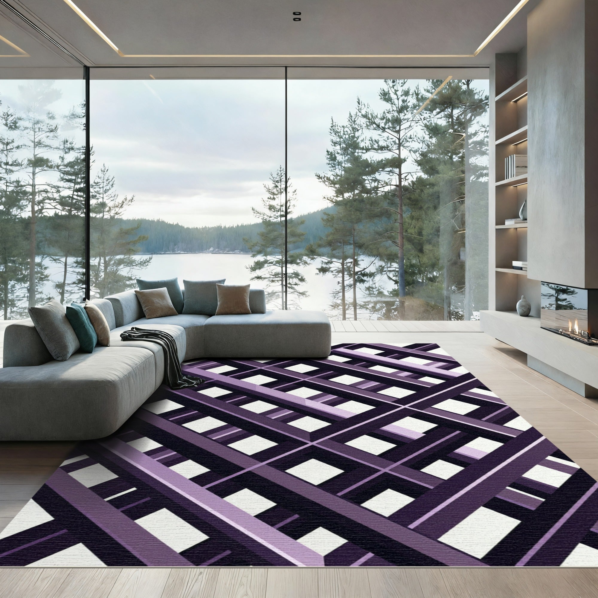 Modern Purple Geometric Intersecting Grid Rug
