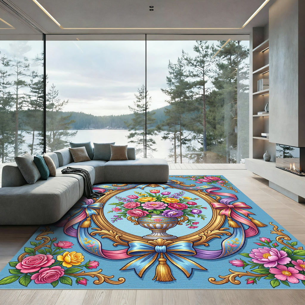 Elegant Floral Bouquet with Golden Frame Rug