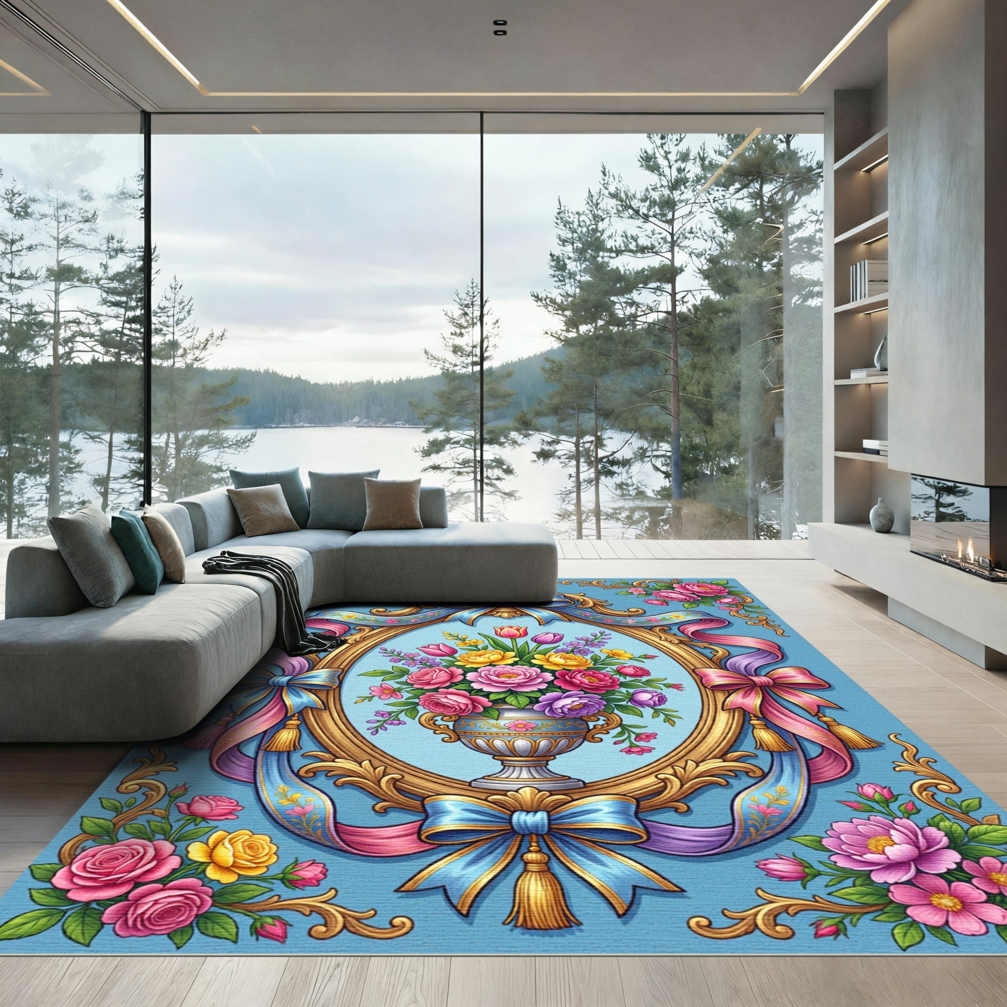 Elegant Floral Bouquet with Golden Frame Rug