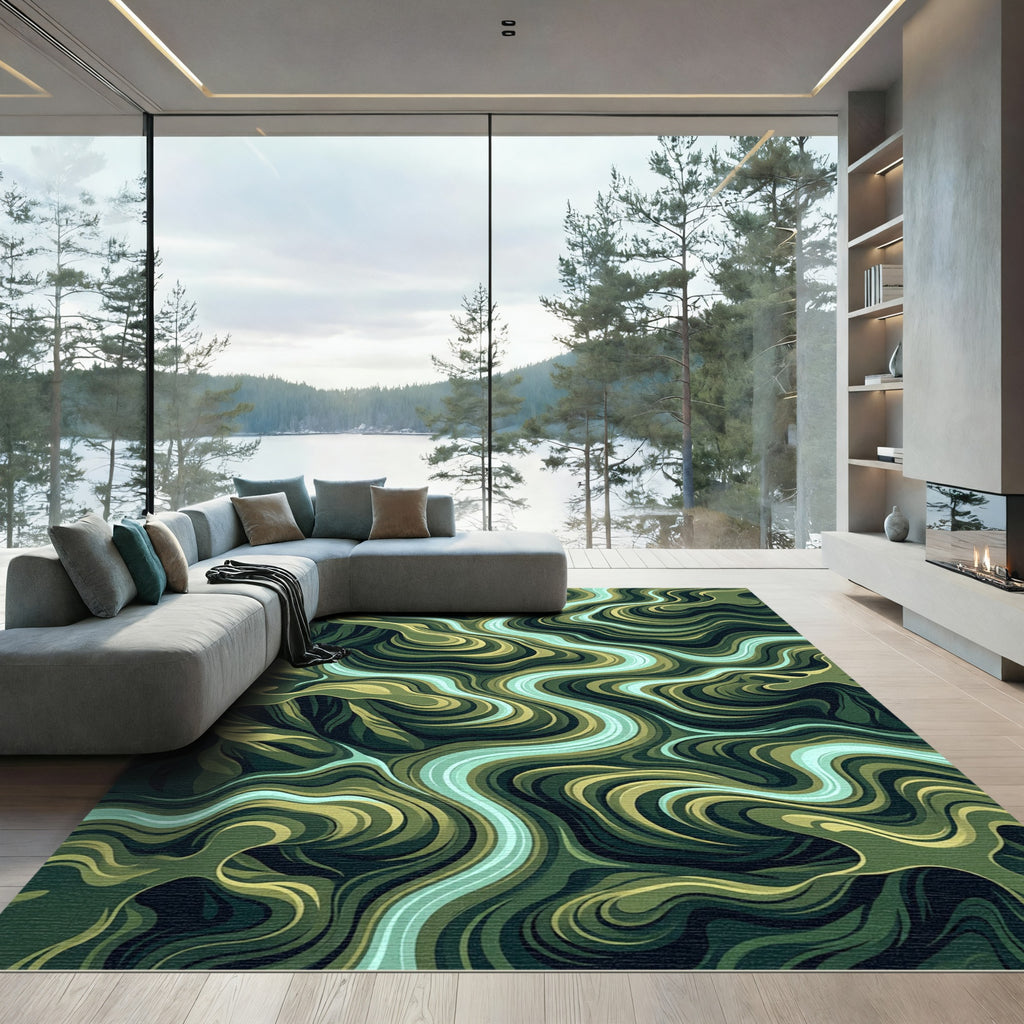 Earthy Teal Winding River Landscape Rug
