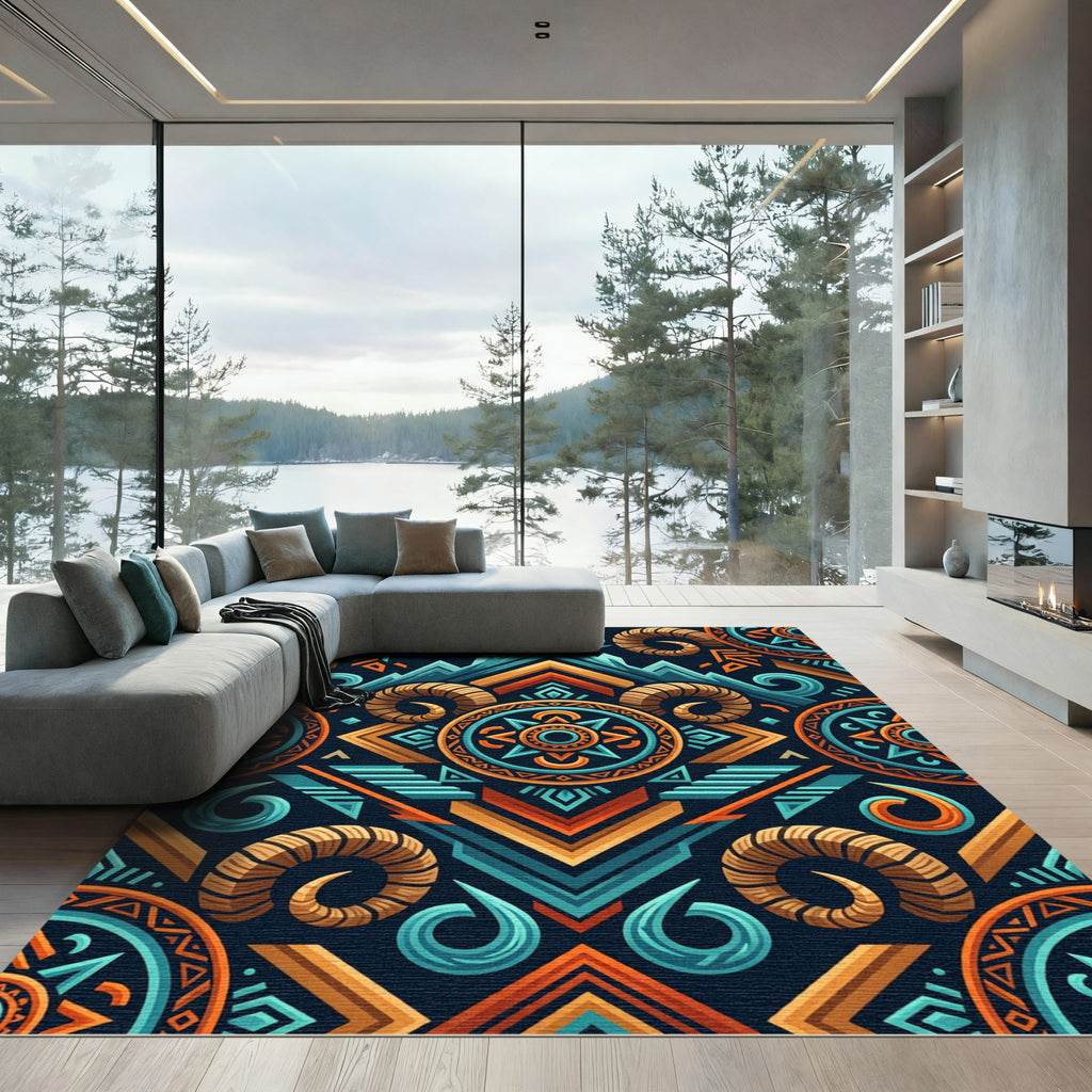 Tribal Ram Horns Geometric Sunset Rug
