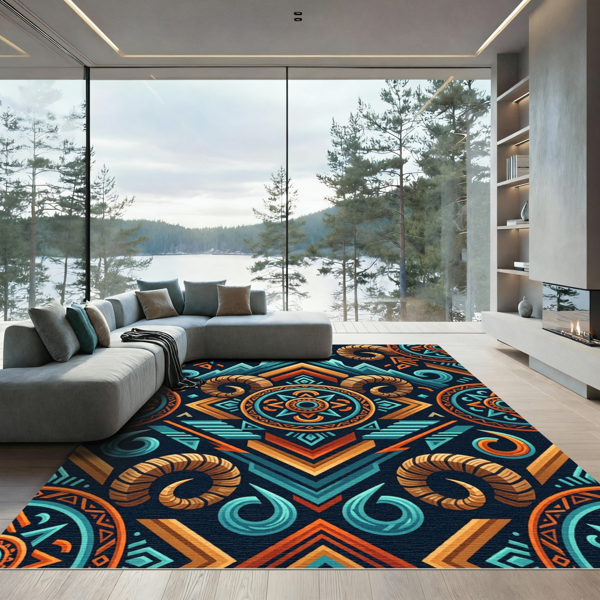 Tribal Ram Horns Geometric Sunset Rug