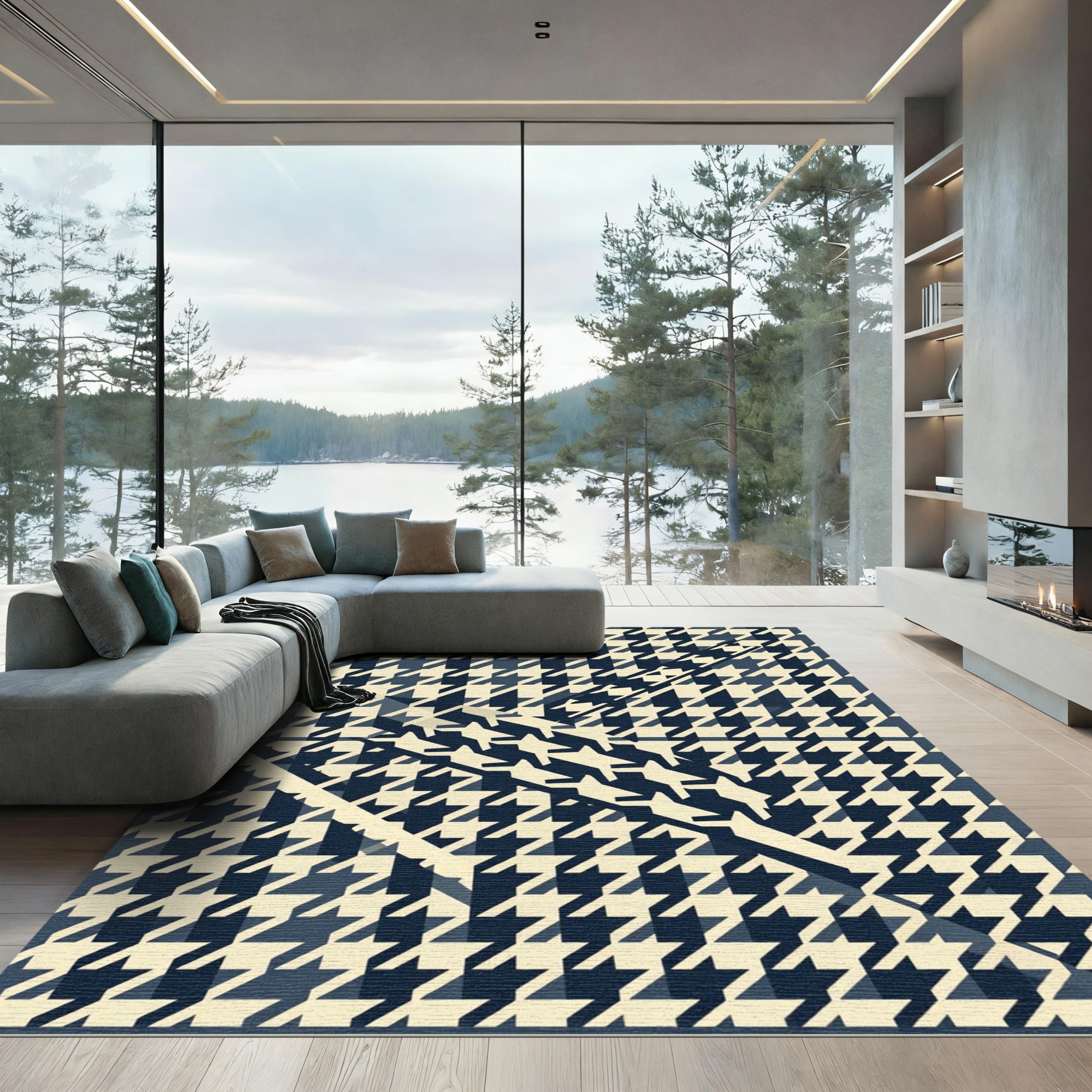 Navy Blue Modern Houndstooth Geometric Diagonal Rug