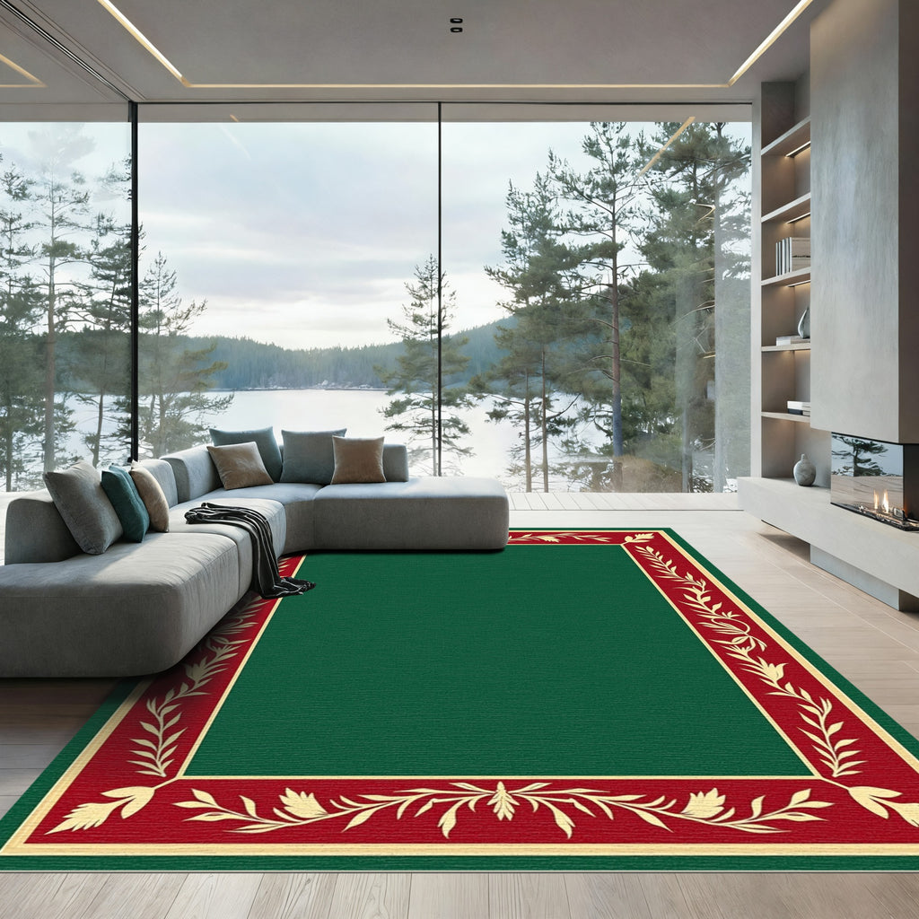 Crimson Gold Leaf Botanical Border Rug