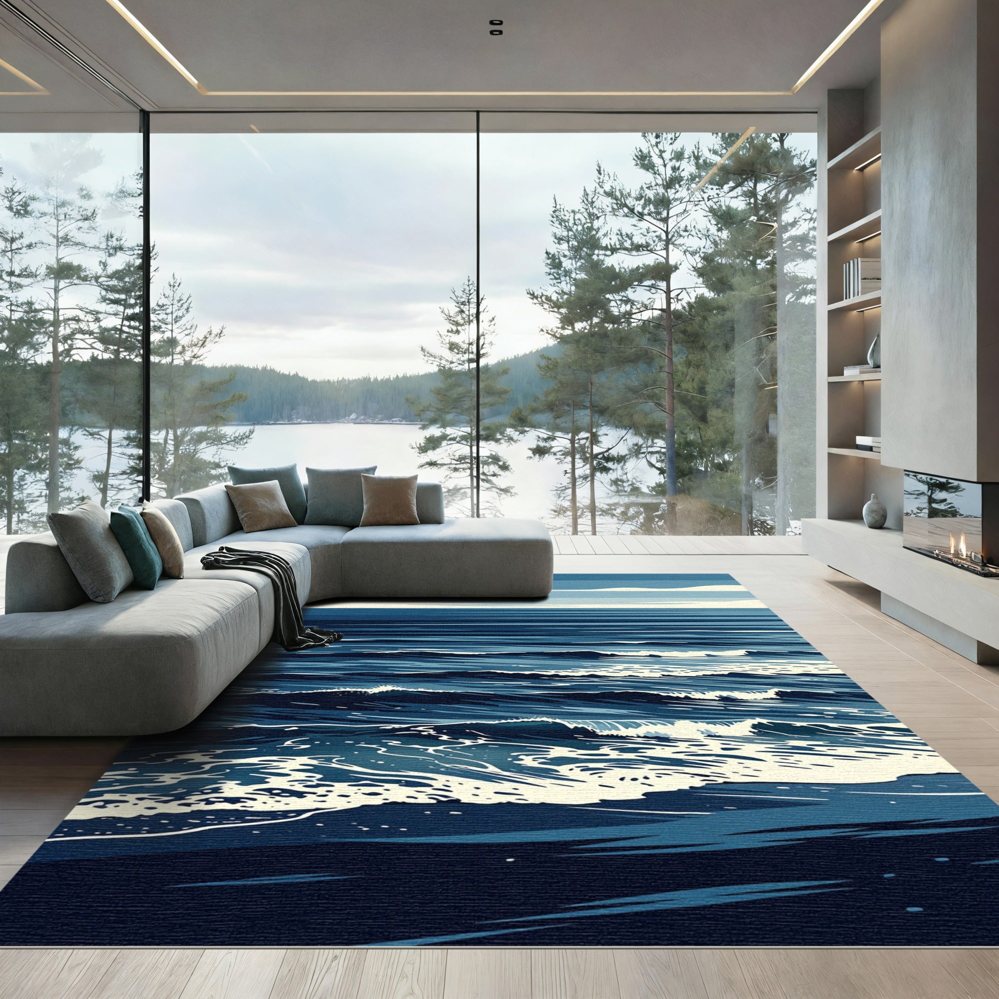 Modern Navy Ocean Wave Art Rug