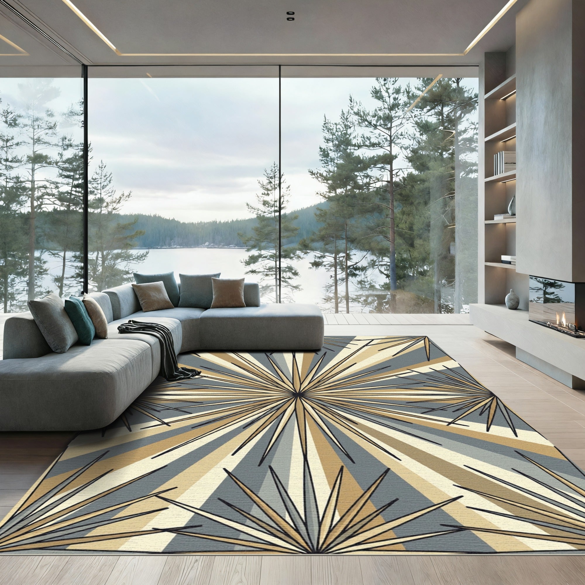 Golden Sunburst Rays Geometric Rug