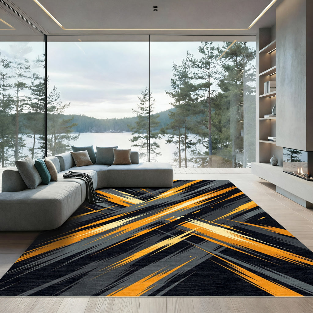 Abstract Amber and Charcoal Slash Texture Rug