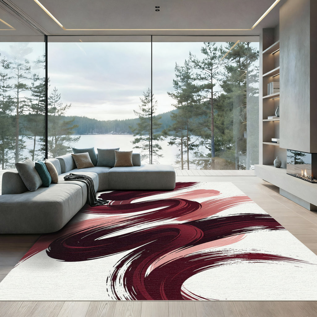 Deep Red Swirl Brush Stroke Rug