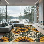 Vibrant Sunny Sunflower Botanical Illustration Rug