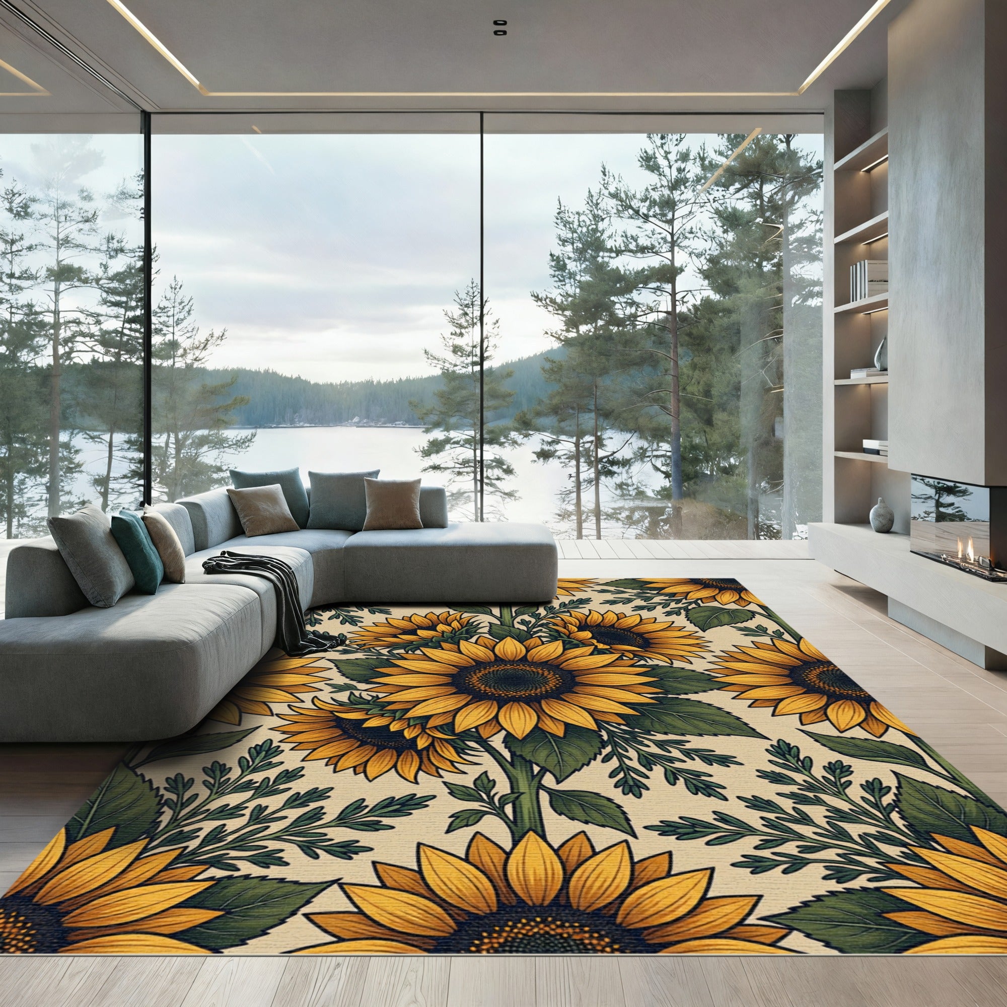 Vibrant Sunny Sunflower Botanical Illustration Rug