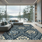 Elegant Navy Cream Floral Damask Rug