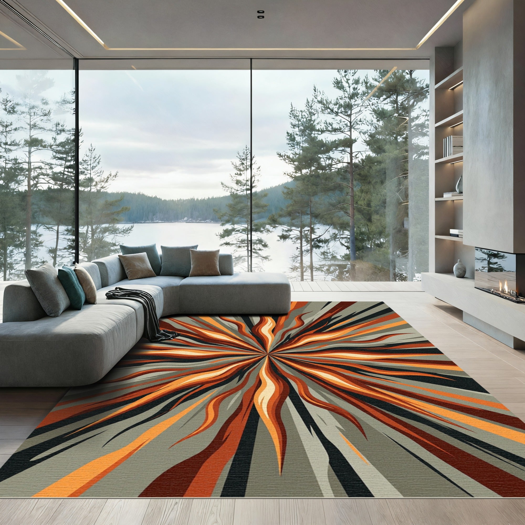 Explosion Of Orange And Gray Waves Rug