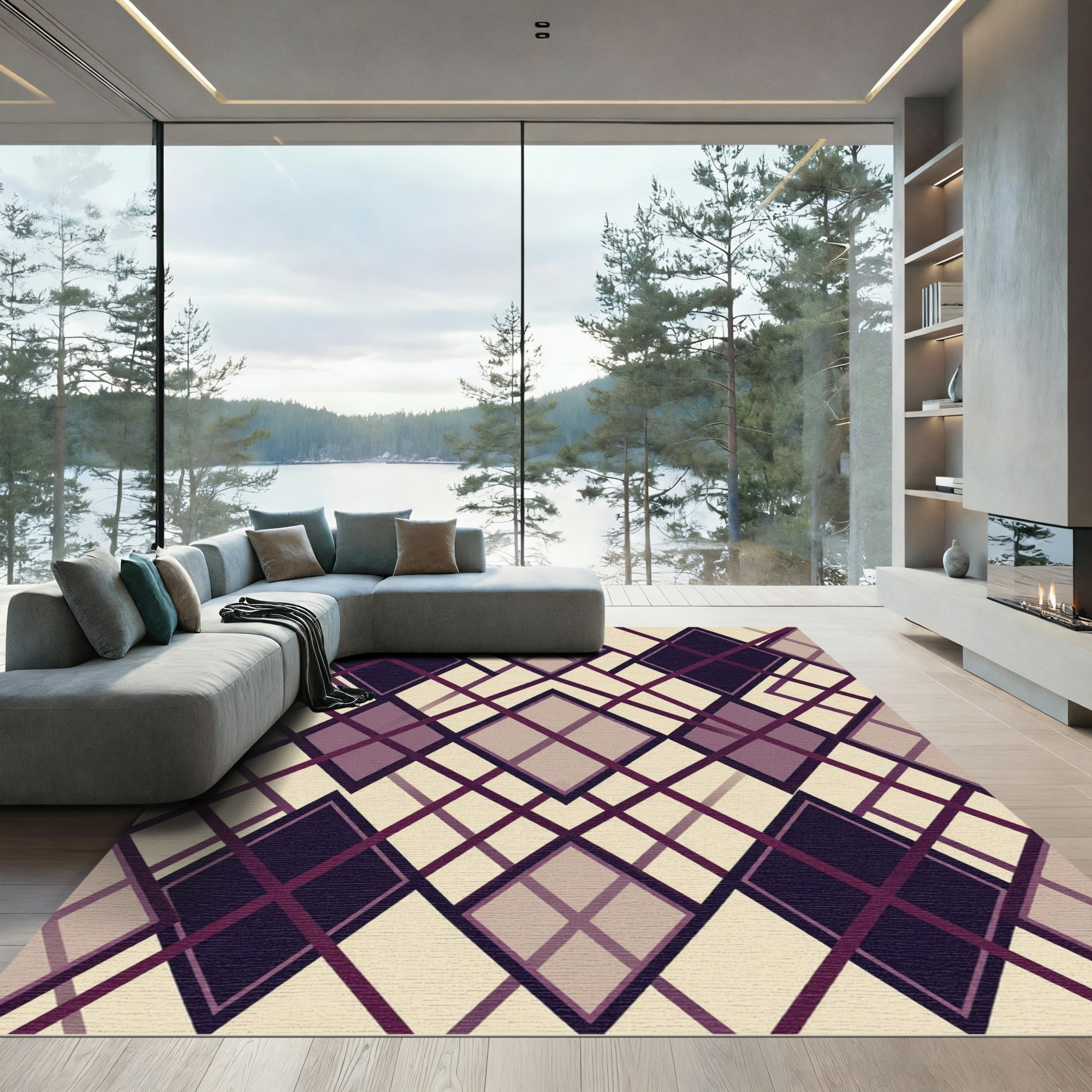 Sophisticated Burgundy And Beige Argyle Rug