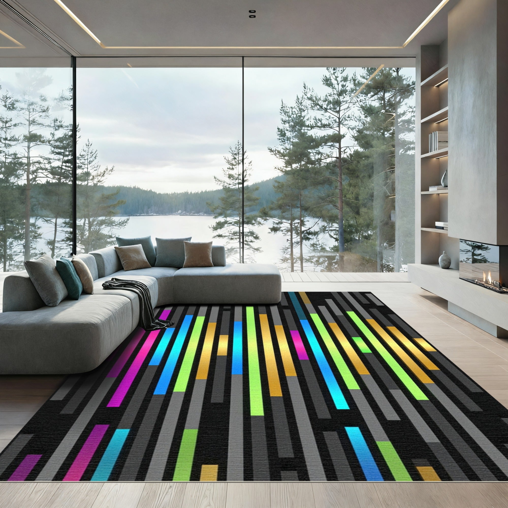 Vibrant Neon Soundwave Spectrum Bar Rug