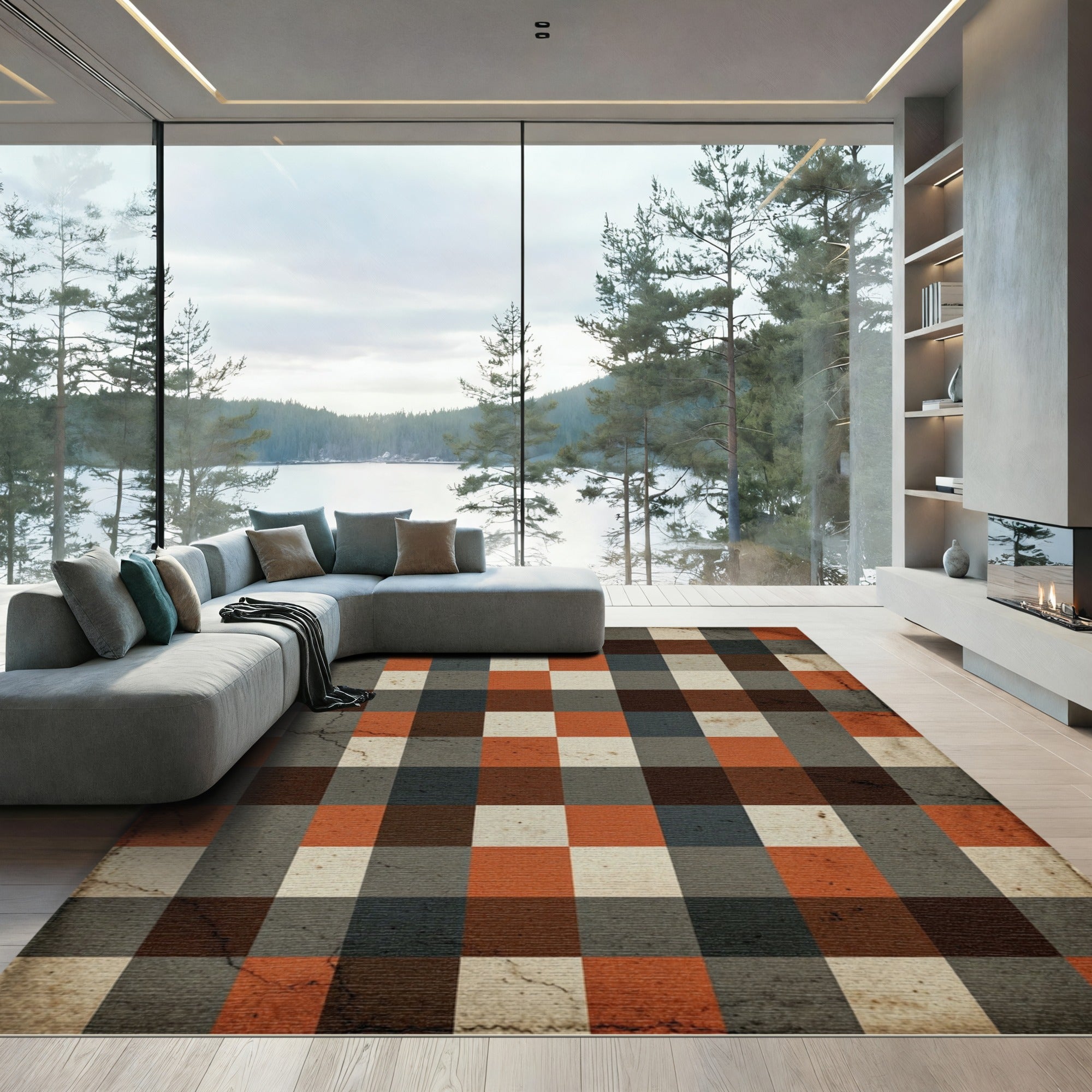 Rustic Red Grey Plaid Squares Rug