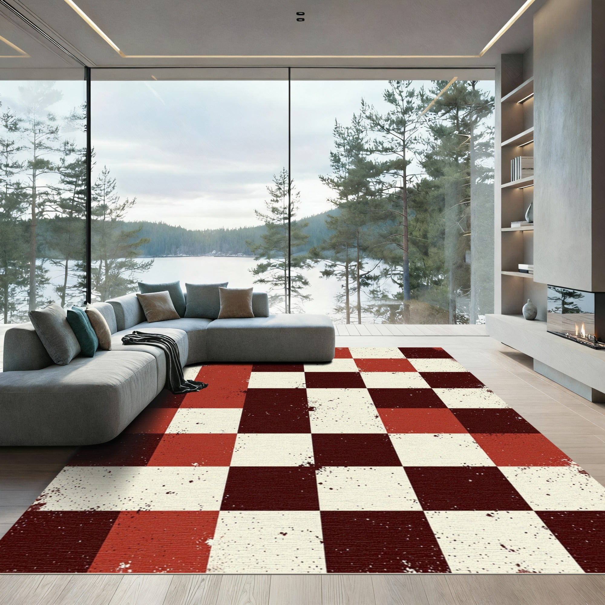 Distressed Crimson and Cream Checkerboard Grid Rug