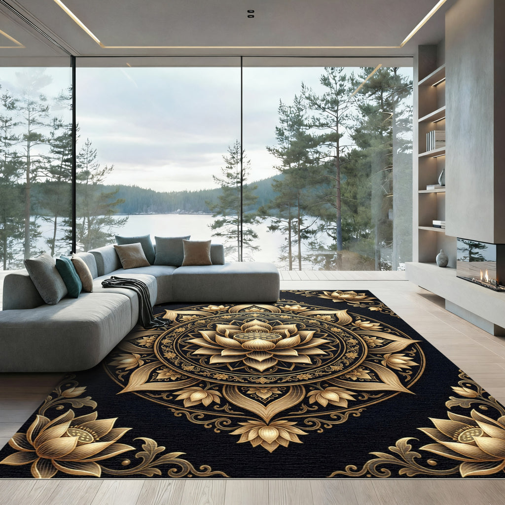 Golden Floral Medallion Mandala Rug