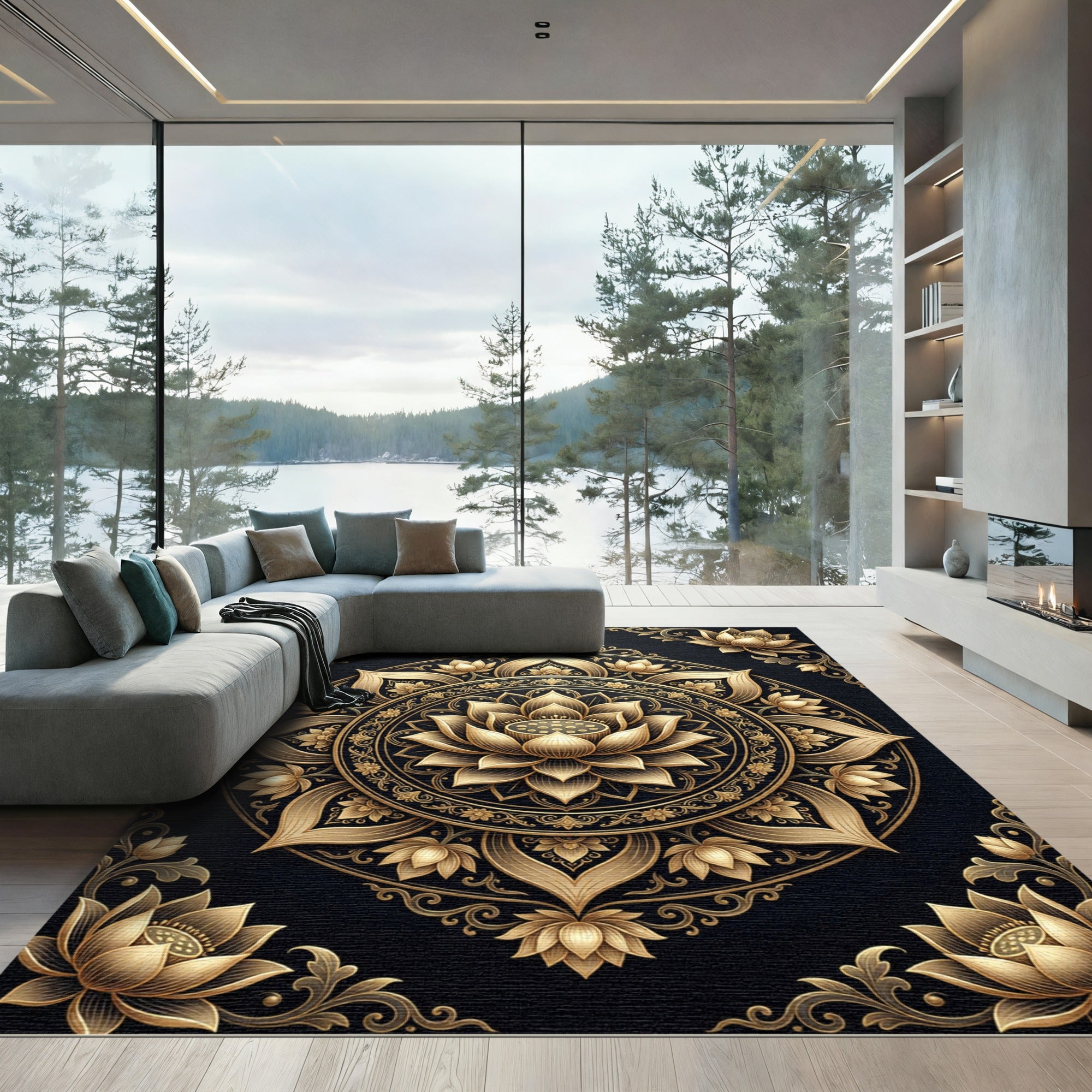 Golden Floral Medallion Mandala Rug