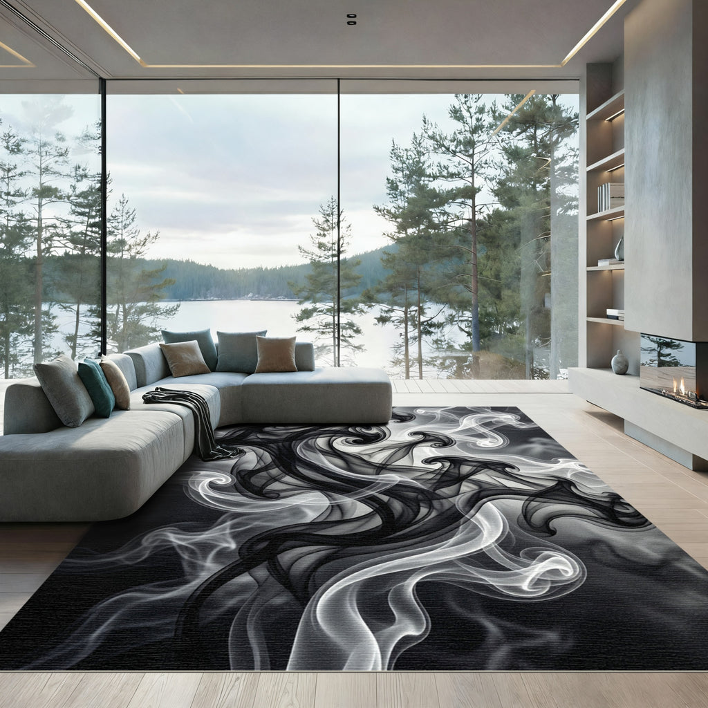 Black White Wispy Smoke Swirls Rug