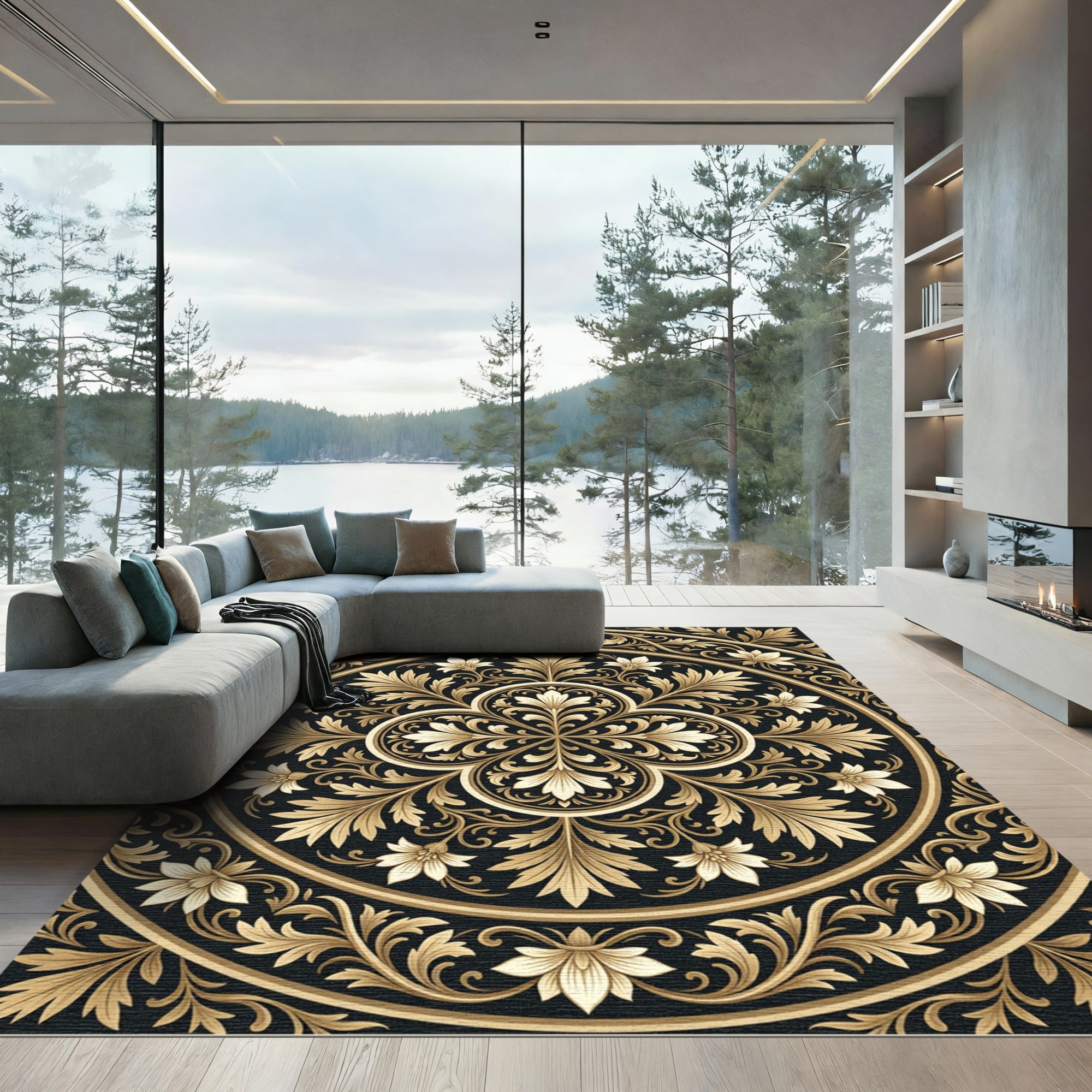 Golden Floral Medallion Centerpiece Rug
