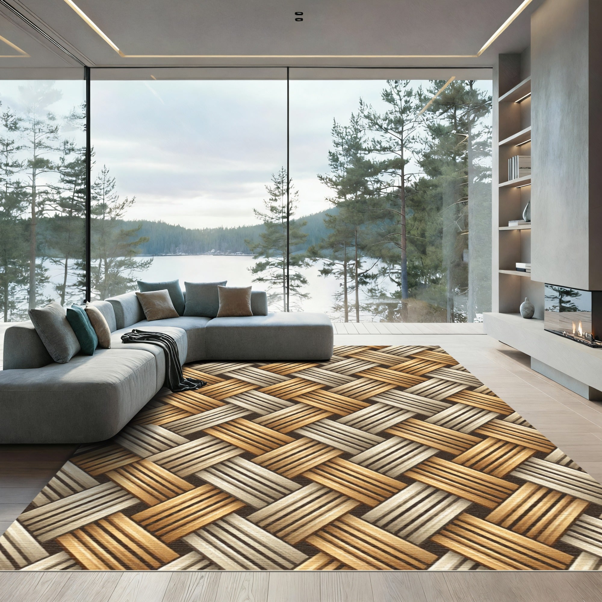 Woven Tan Beige Geometric Interlace Rug