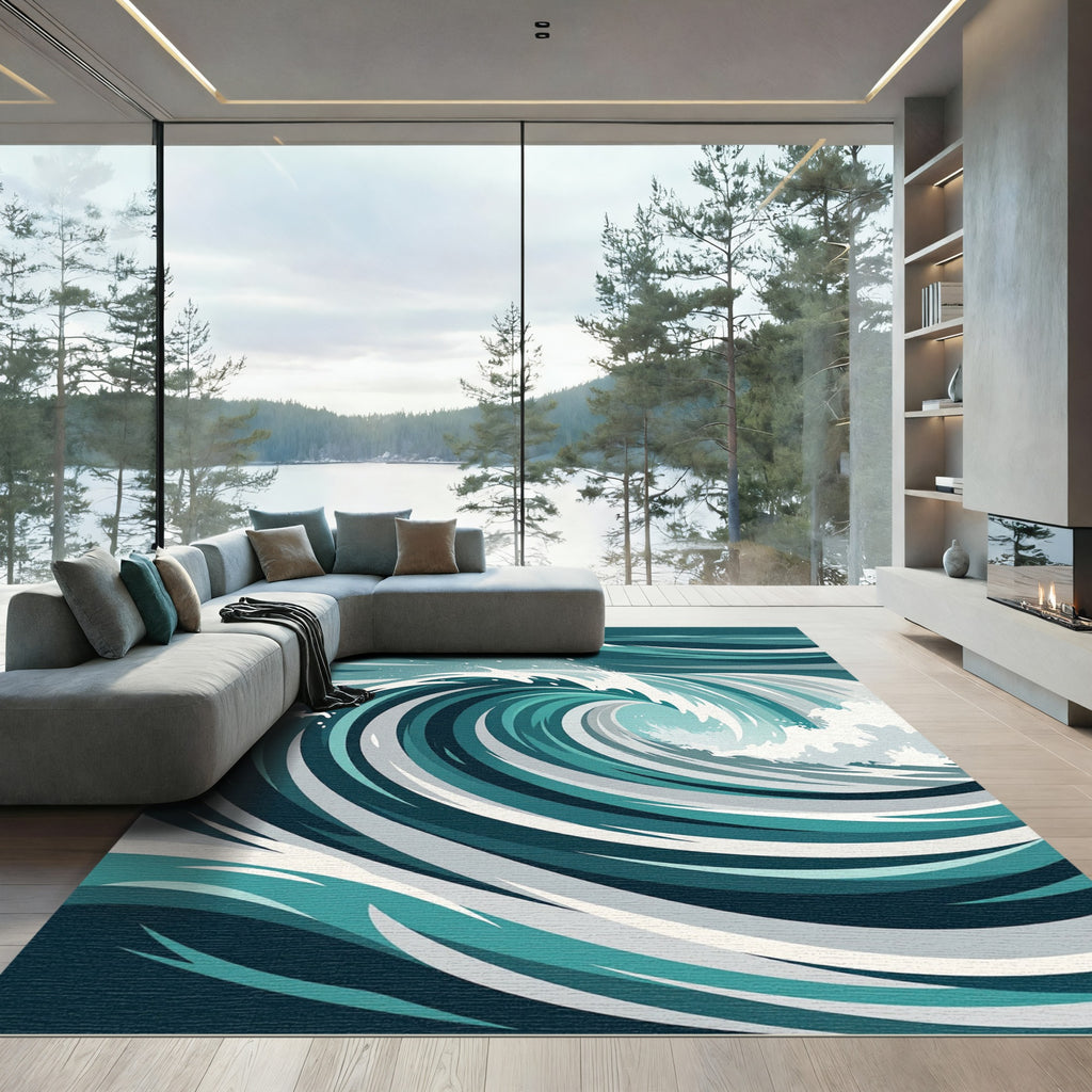Deep Teal Abstract Swirling Ocean Wave Rug
