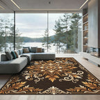 Ornate Golden Floral Medallion Chocolate Background Rug
