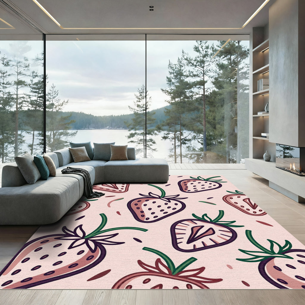 Sweet Strawberry Pattern Pink Background Rug