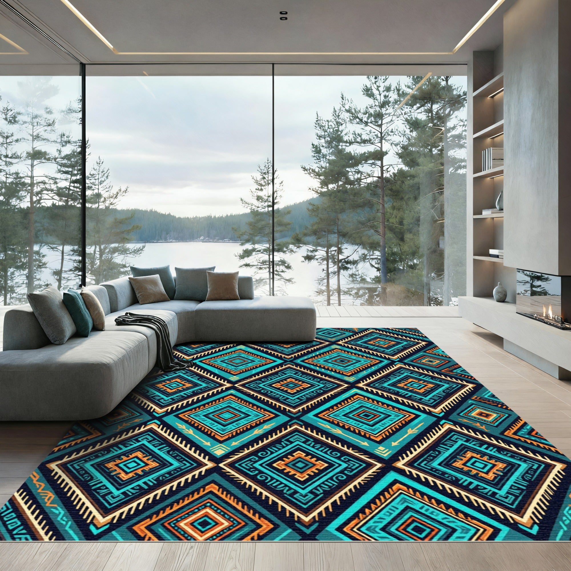 Vibrant Teal and Orange Geometric Diamond Rug