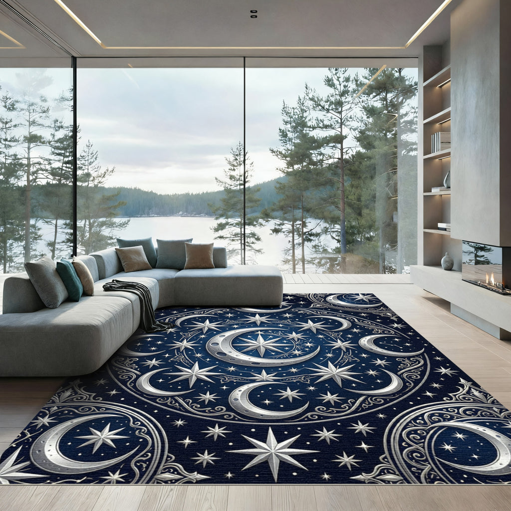 Celestial Navy Silver Crescent Moon Rug
