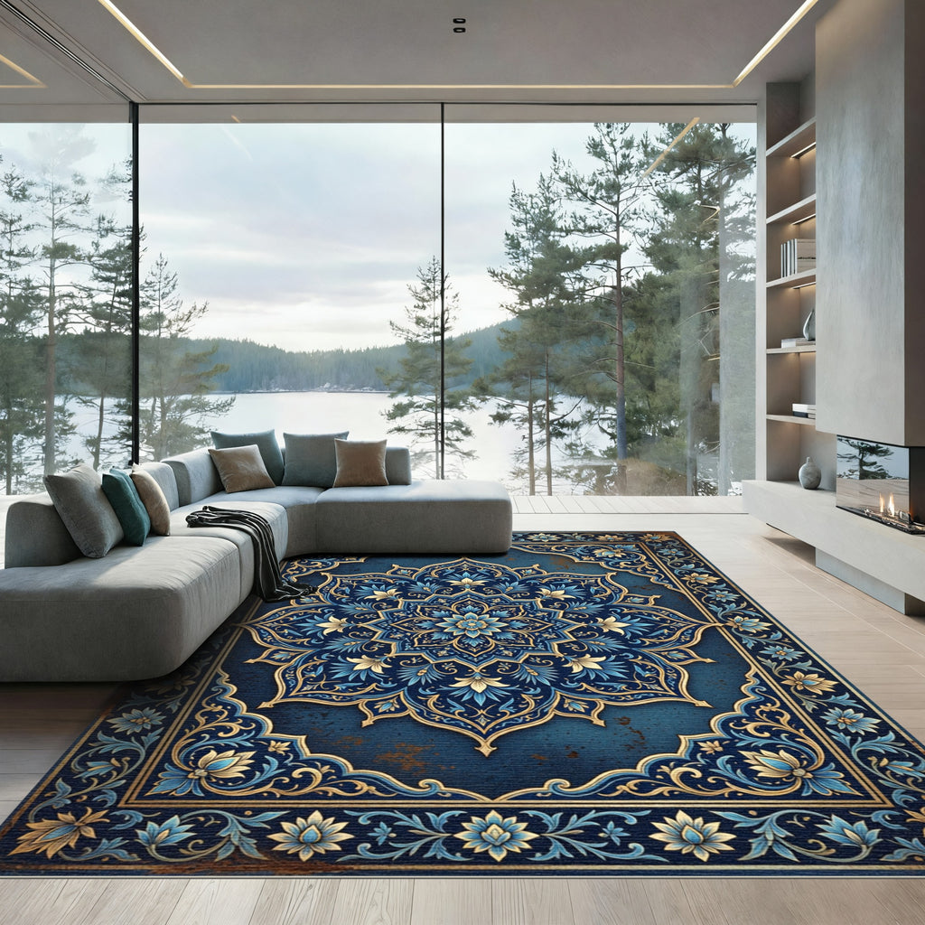 Elegant Blue Floral Gold Medallion Area Rug