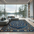 Elegant Blue Floral Gold Medallion Area Rug