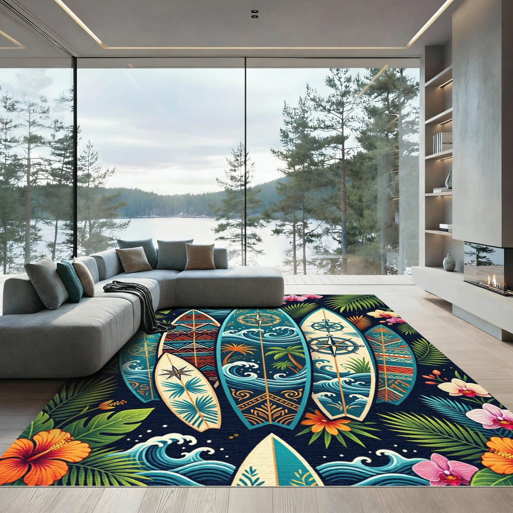 Tropical Surfboard Wave and Floral Illustration Rug