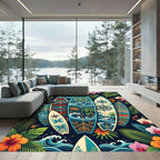Tropical Surfboard Wave and Floral Illustration Rug