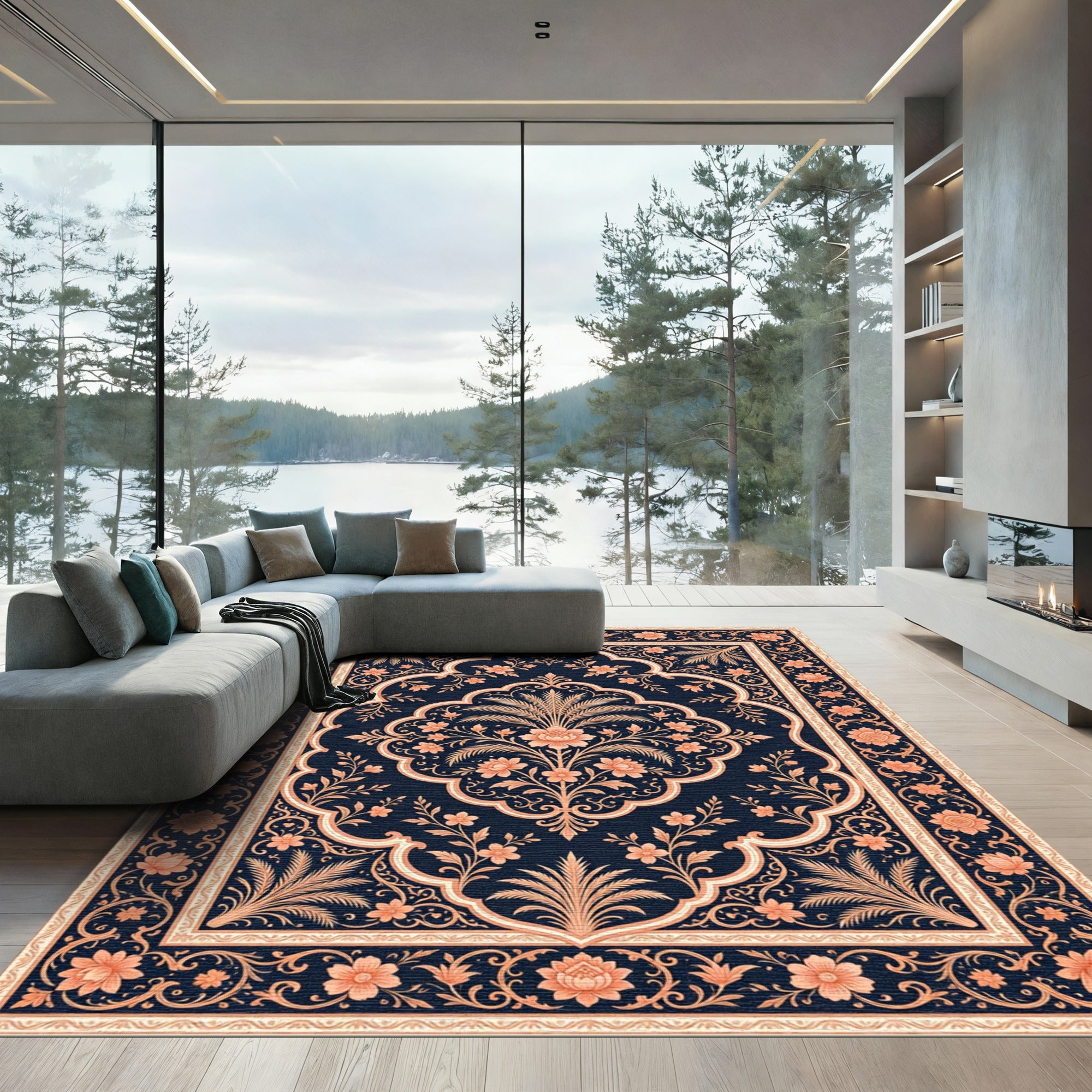 Coral Floral Archway Dark Blue Rug