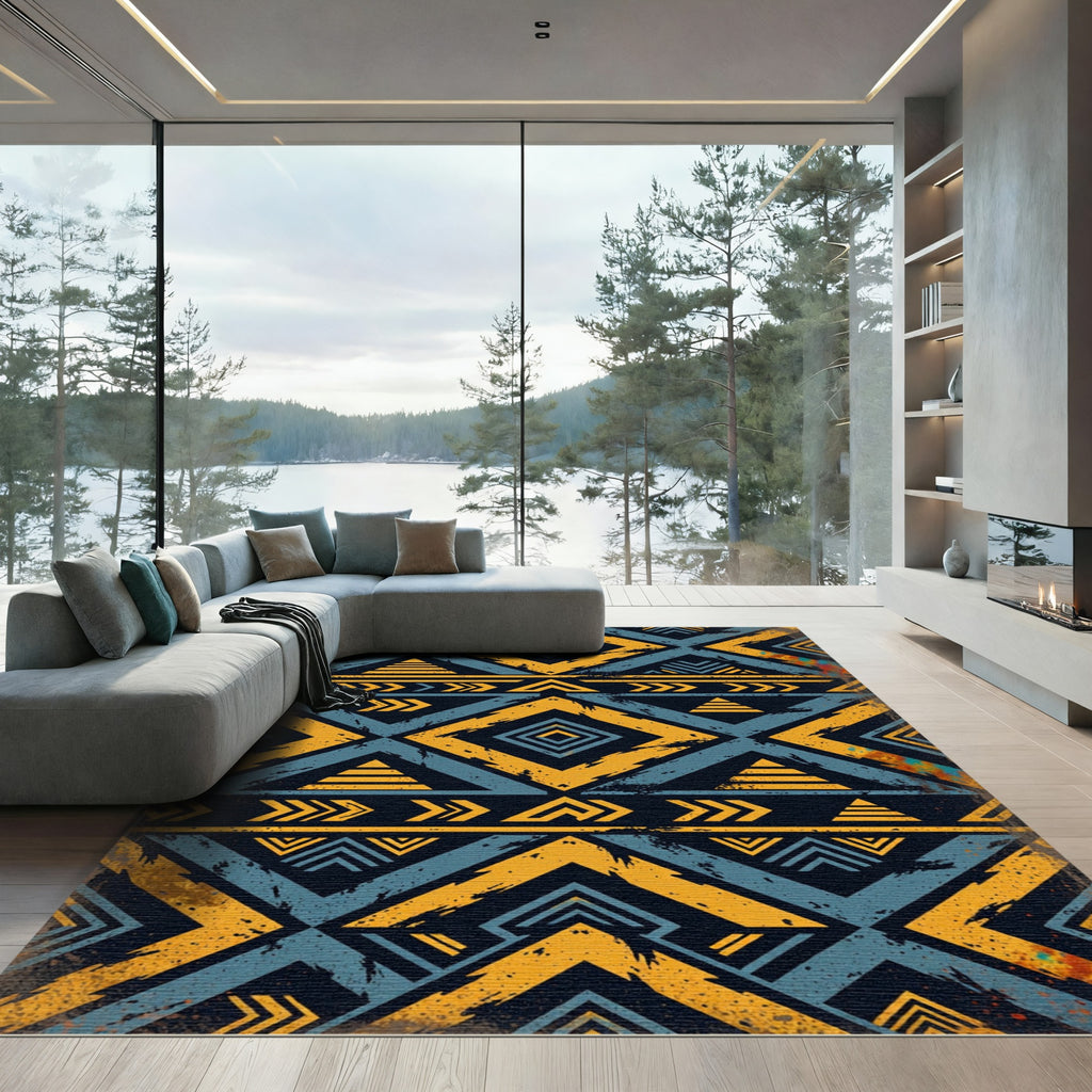 Bold Geometric Teal Ochre Diamond Rug