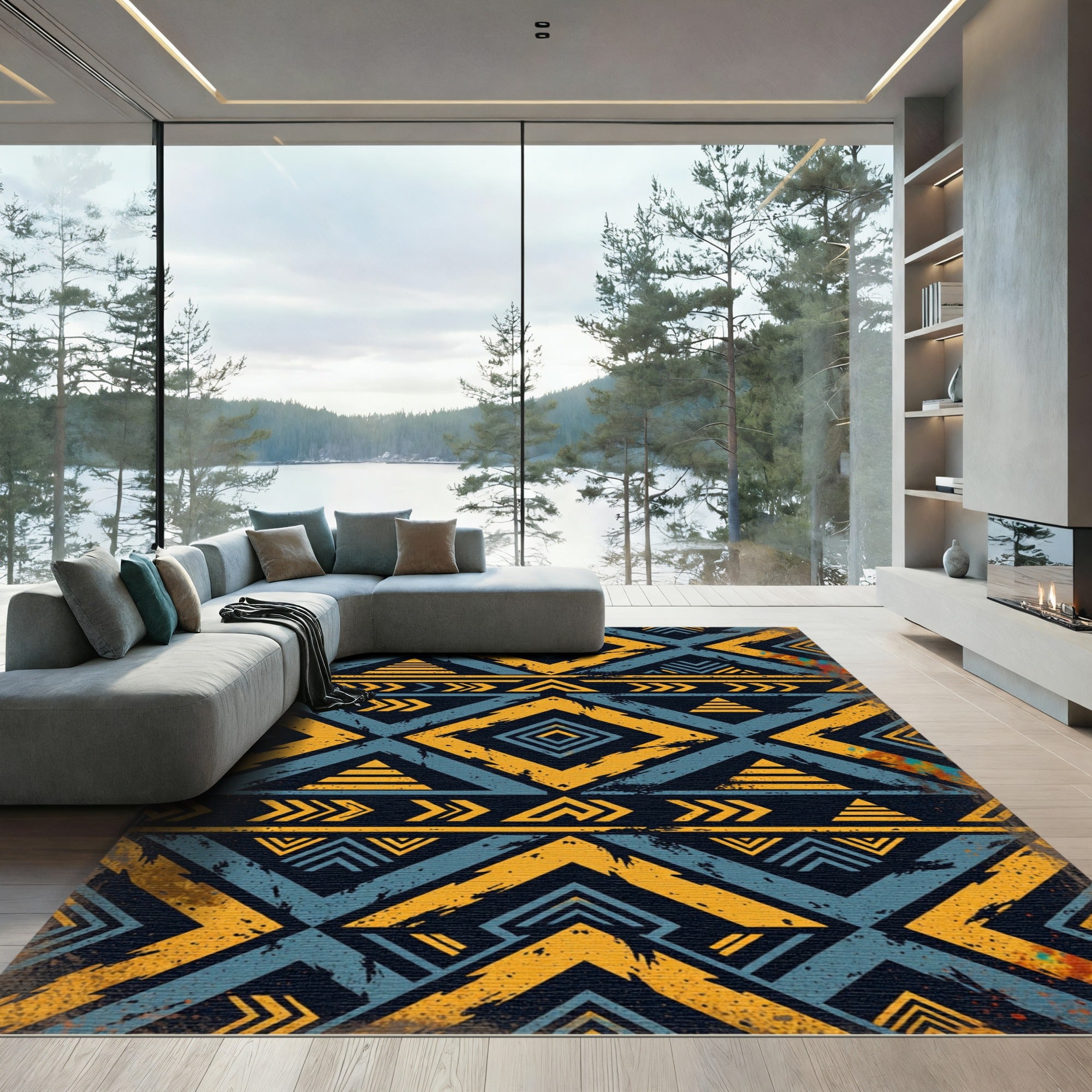 Bold Geometric Teal Ochre Diamond Rug
