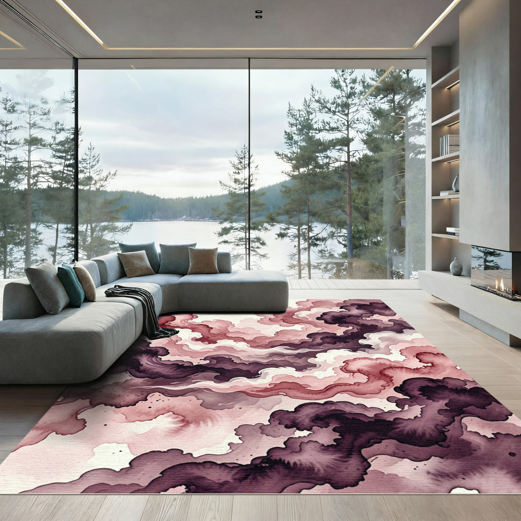 Crimson Plum Swirl Watercolor Waves Rug
