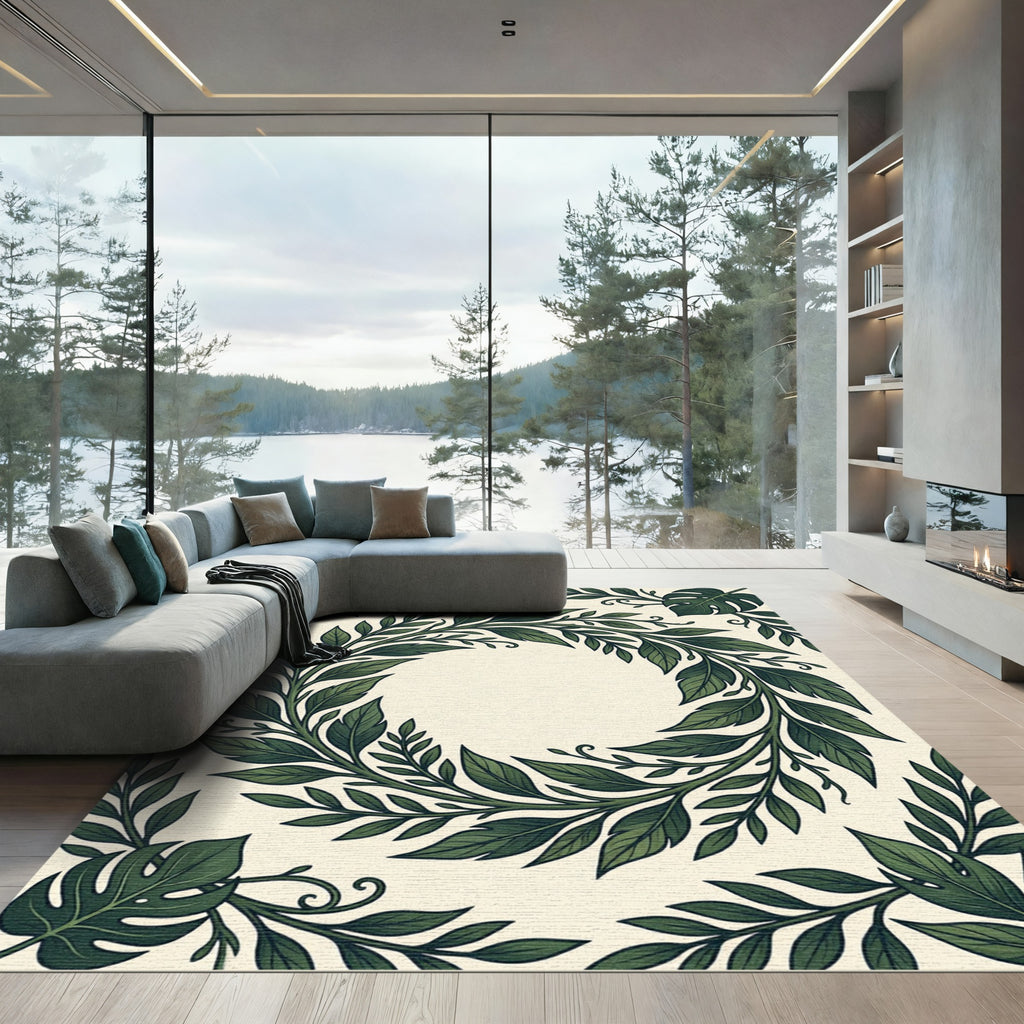 Lush Green Tropical Foliage Wreath Rug