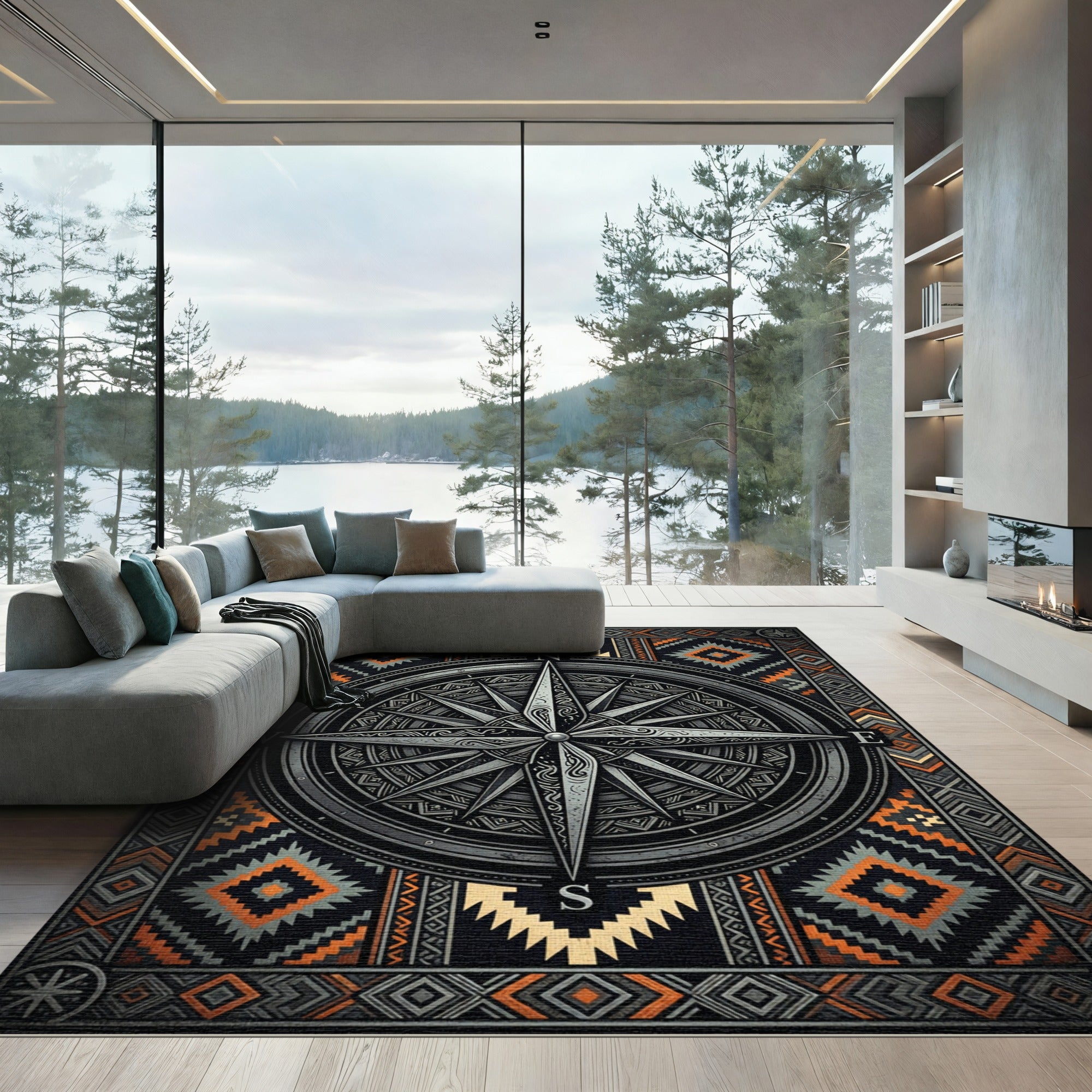 Geometric Compass Nautical Grey Orange Rug