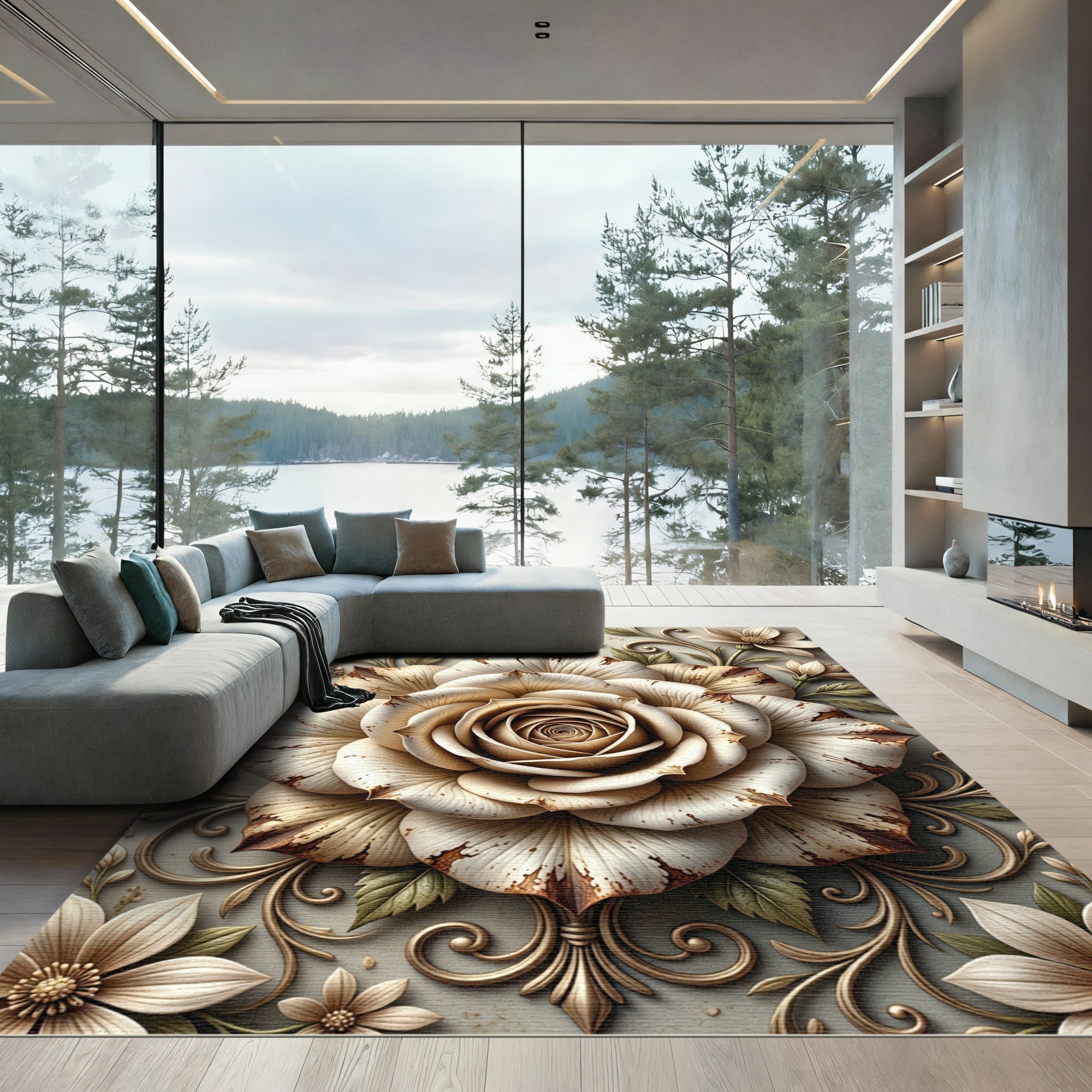Elegant Cream Rose Filigree Floral Scroll Rug