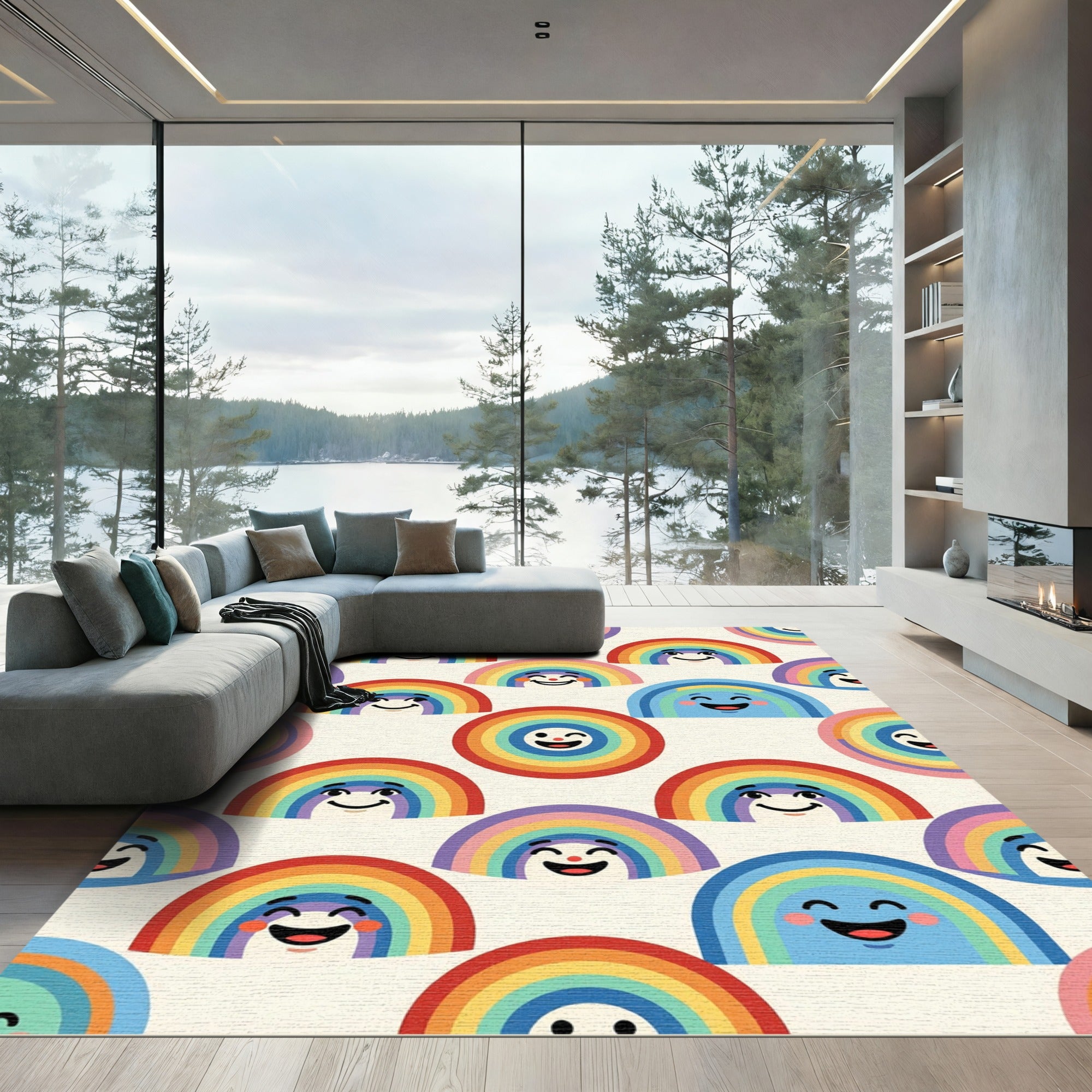 Whimsical Colorful Smiling Rainbow Kids Illustration Rug